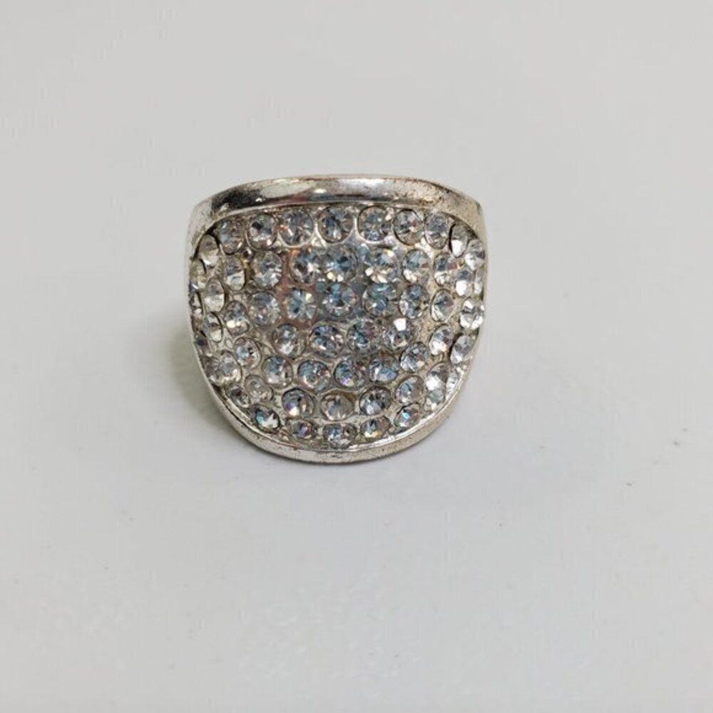 Rhinestone Ring Statement Cocktail Silver Tone Adjustable Stretch Big